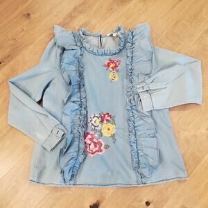 Penelope Project Blue Chambray Shirt Long Slv Ruffle Embroidered Women Sz L NWOT